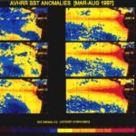 Mapas de satélite da NOAA mostrando o aquecimento do Oceano Pacífico Equatorial entre março e agosto de 1997