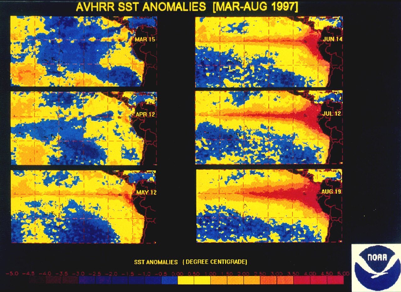 Mapas de satélite da NOAA mostrando o aquecimento do Oceano Pacífico Equatorial entre março e agosto de 1997