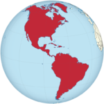 Globo terrestre com o continente americano destacado em vermelho