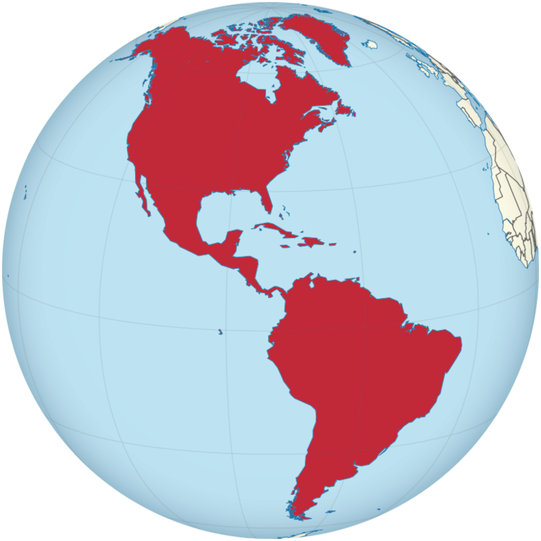 Globo terrestre com o continente americano destacado em vermelho