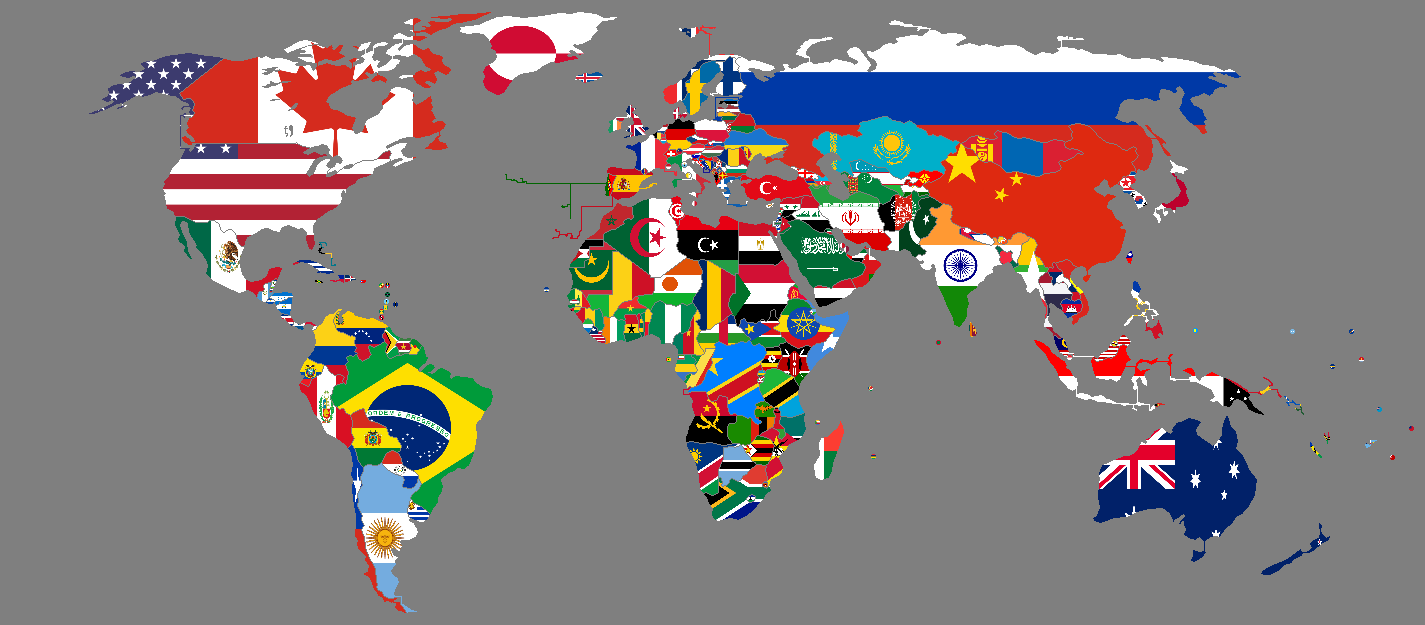 Mapa-múndi com bandeiras dos países